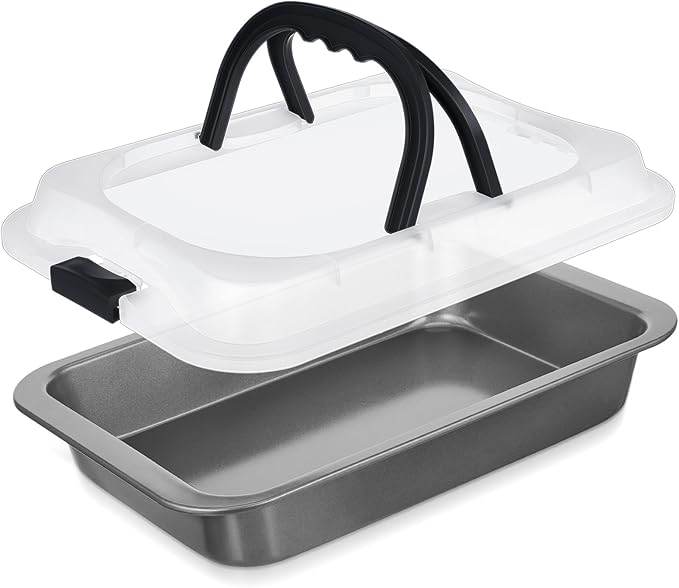 Qinyoung 1 Pcs Cake Baking Pan with Lid and Handle, 9 x 13 Inch Non-stick Rectangle Sheet Cake Pan Carrier for Brownie Roasting Cooking Baking (Black Gray)