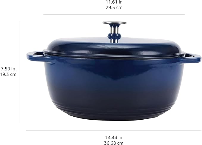 Amazon Basics Enameled Cast Iron Dutch Oven Pot with Lid, Round, Dual Handles, Heavy-Duty, Oven Safe for Baking, Roasting, Stews, 7.3-Quart, Navy