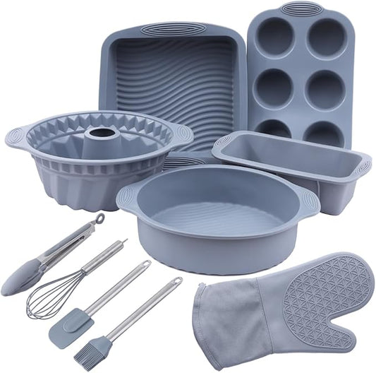10in1 Nonstick Silicone Baking Cake Pan Cookie Sheet Molds Tray Set for Oven, BPA Free Heat Resistant Bakeware Suppliers Tools Kit for Muffin Loaf Bread Pizza Cheesecake Cupcake Pie Utensil (Grey)