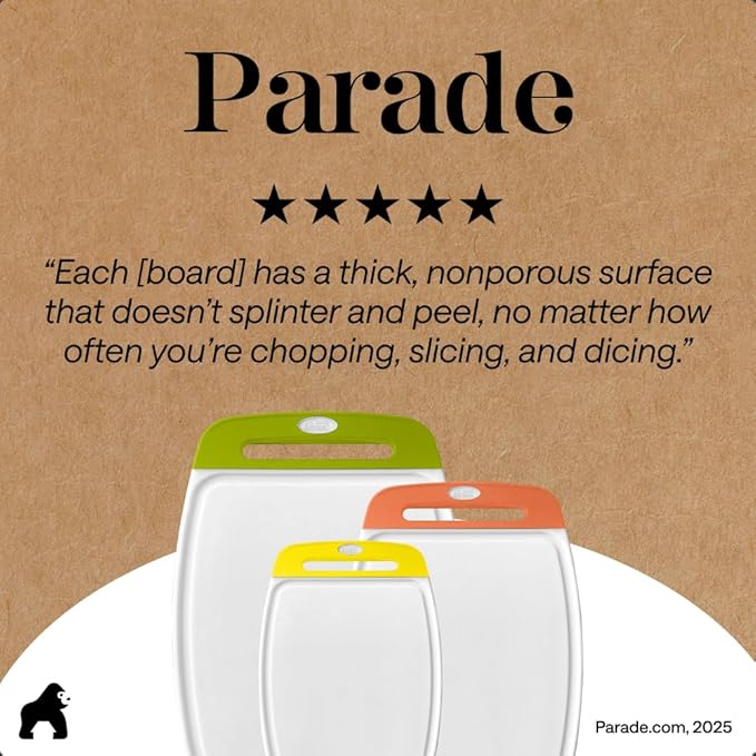 GORILLA GRIP BPA-Free Reversible Kitchen Cutting Board Set of 3 US Designed, Nonporous, Juice Grooves Catch Liquid, Slip Resistant Border, Dishwasher Safe Large Food Chopping Boards, Lime Orange Lemon