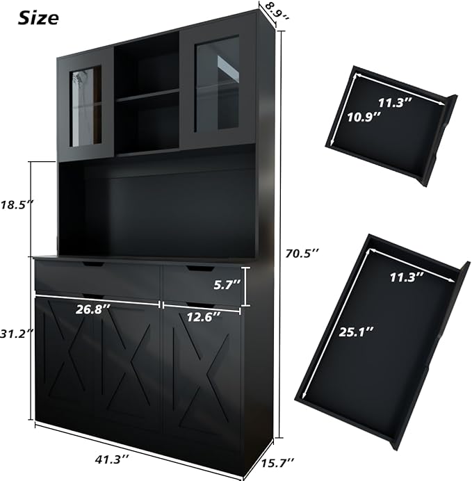 71" Tall Kitchen Pantry Storage Cabinet Large Farmhouse Hutch Cabinet with Microwave Stand, Charging Station, Adjustable Shelves, Countertop for Dining Room, Living Room, Black