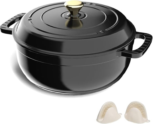 ROVSUN Enameled Cast Iron Round Dutch Oven, 7.5QT Pot with Lid &Dual Handles with Silicone Gloves,Oven Safe up to 500°F, Heavy-Duty Pre-Seasoned Cookware for Bread Baking, Braising, Stews, Roasting,Black