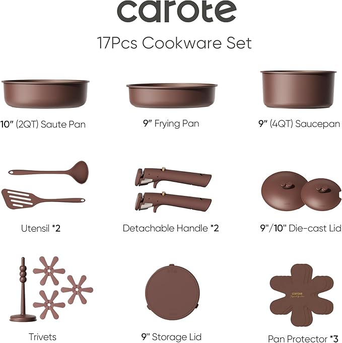 CAROTE 17pcs Pots and Pans Set Non Stick, Gift Set Nonstick Cookware Die-cast Aluminum Detachable Handle, Dishwasher/Oven Safe, Induction Cooking Pot and Pan Sets, Coffee, RV Kitchen Cookwares
