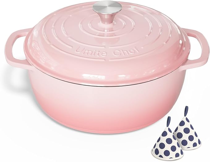 Umite Chef 6QT Enameled Cast Iron Dutch Oven with Lid, Versatile Heavy-Duty Cookware Pot for Baking Bread, Braising, Soups & Stews, Oven & Stovetop Safe with Heat Resistant Gloves(Pink)