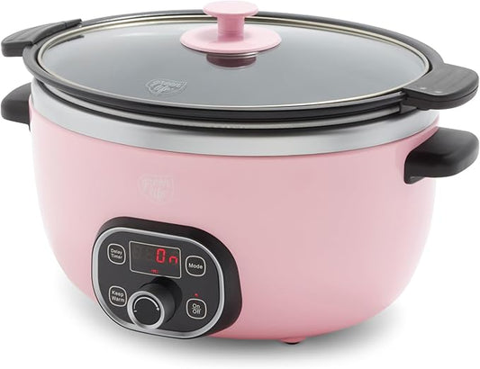 GreenLife 6QT Slow Cooker, Non-Toxic PFAS-Free Ceramic Nonstick Removable Interior Bowl, Programmable, Family Friendly, Keep Warm, Stovetop & Oven Safe, Dishwasher Safe Crock, Timer, Glass Lid, Pink