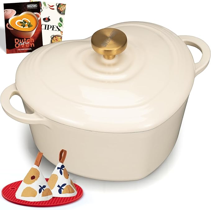 Overmont Enameled Cast Iron Dutch Oven - Heart-Shaped Pot with Lid Cookbook & Cotton Pot Holders - Mini Cookware Oven Safe to 500°F for Bread Baking Soups Stews - Great Gift for Wedding Birthday Housewarming 2QT White
