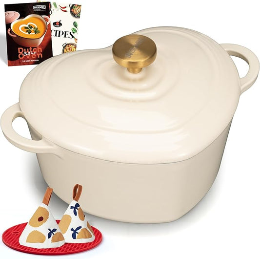 Overmont Enameled Cast Iron Dutch Oven - Heart-Shaped Pot with Lid Cookbook & Cotton Pot Holders - Mini Cookware Oven Safe to 500°F for Bread Baking Soups Stews - Great Gift for Wedding Birthday Housewarming 2QT White