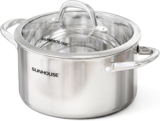 Sunhouse Professional 12-Quart Whole-Clad Multi-Ply Stainless Steel Stock Pot with Lid - Premium 18/10 Whole Body Clad Stock Pot - Induction Ready, Oven Safe Dishwasher Safe Cooking Pot