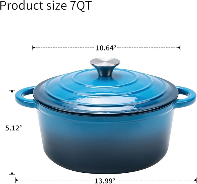 7QT Enameled Cast Iron Dutch Oven Pot with Lid,Heavy-Duty Cookware for Sourdough Bread Baking,Braising,Stews,Roasting,Oven Safe up to 500°F,blue