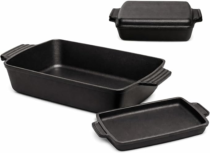 9x15" Casserole Dish-Cast Iron Dutch Oven Roaster with Skillet Lid-2-in-1 Pre-Seasoned Rectangular Baking Pan+Skillet Lid (6 QT)
