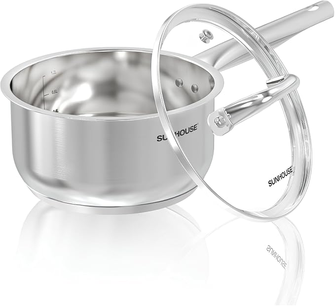 SUNHOUSE – 1.5 Quarts Stainless Steel Sauce Pan with Lid - PFOA-FREE, Stainless Steel Sauce Pan, Advanced Impact Bonding Induction Base, Stay-Cool Handle, Compatible with All Cooktops