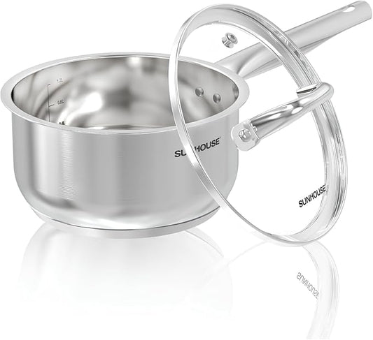 SUNHOUSE – 1.5 Quarts Stainless Steel Sauce Pan with Lid - PFOA-FREE, Stainless Steel Sauce Pan, Advanced Impact Bonding Induction Base, Stay-Cool Handle, Compatible with All Cooktops
