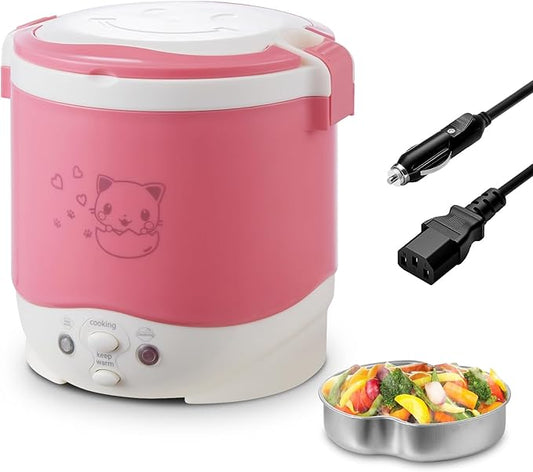 OSBA Small Rice Cooker,12v Portable Travel Rice Cooker For Car, Cooking Heating and Keeping Warm Function, Can be Used As a Electric Lunch Box (Pink)
