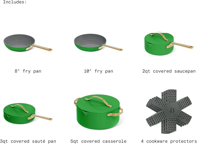 Pans12pc Ceramic Non-Stick Cookware Set by Drew Barrymore, Pots & Pans with Lids, Dishwasher‑Safe,Soft‑Touch Handles, Even‑Heat Base. (Kelly Green)
