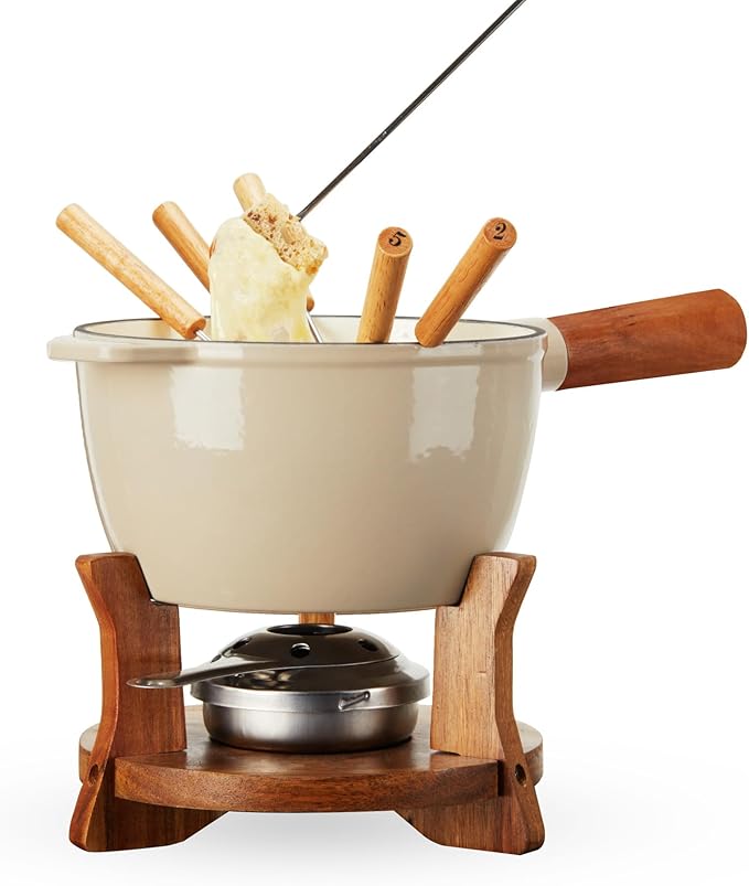 Twine Farmhouse Kitchen Enamel Cast Iron Set Cheese Melting Fondue Pot Metal Stainless Steel Forks and Wood Stand, Beige Set of 1