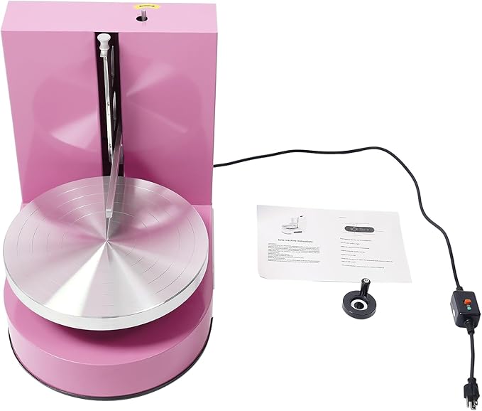 Electric Cake Decorating Machine, 200W 110V 60-320Rpm Automatic Cake Cream Coating Spatula Spreading Machine Cake Icing Machine Cake Surface Scraper W/LCD Display for 4-12 inch Cakes (Pink)