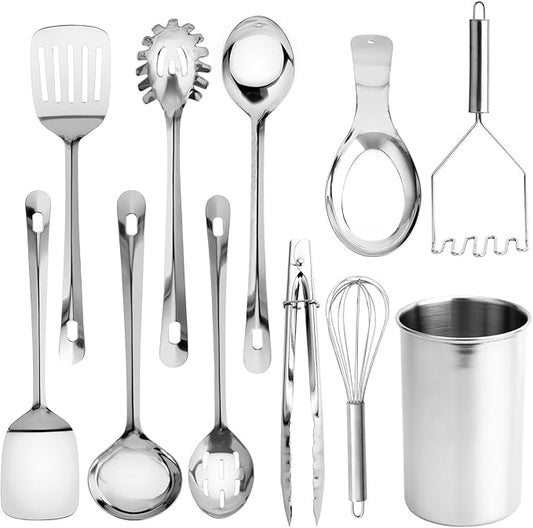 COOK WITH COLOR Kitchen Utensil Set - 10-piece premium Nonstick & Heat Resistant Kitchen Gadgets, Turner, Spaghetti Server, Serving Spoons, Whisk, Tongs, Masher & Utensil Holder, Stainless Steel