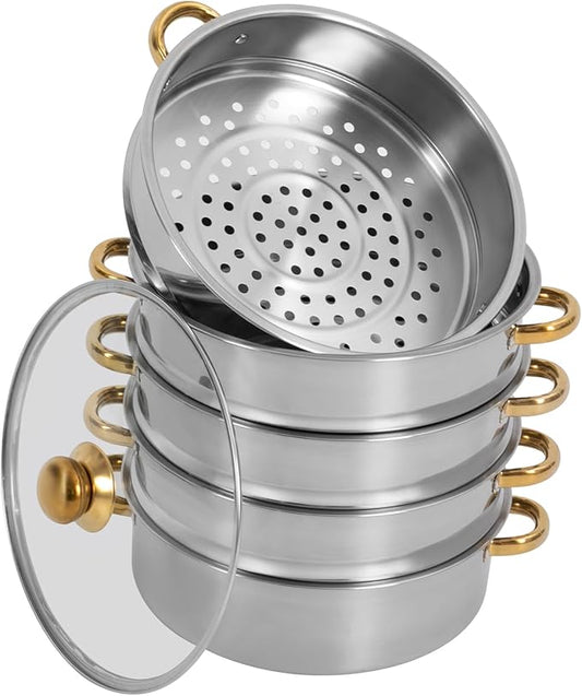 Stainless Steel Steamer Pots, Non-Stick Meat Vegetable Cooking Steam Pot Kitchen Steamer Cooker Dumpling Steamer Cookware Steaming Pots for Induction Cookers, Electric Ceramic Stoves (5-Tier, 30cm)