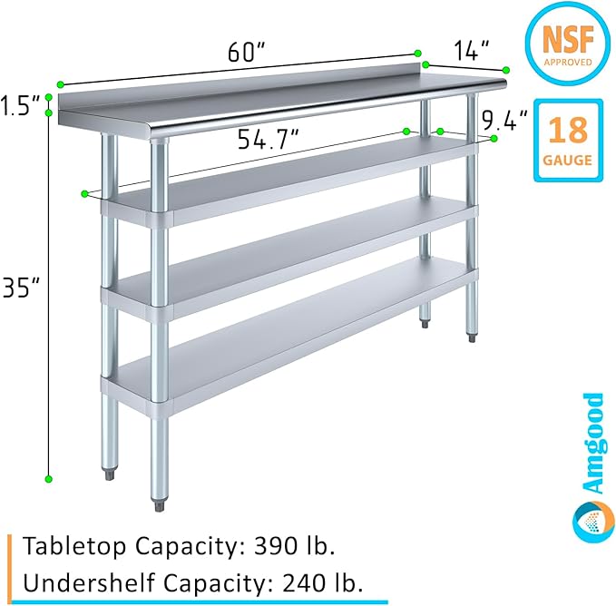 AmGood Stainless Steel Work Table with 1.5" Backsplash and 3 Shelves | Metal Kitchen Food Prep Table | NSF (60" Long x 14" Deep)