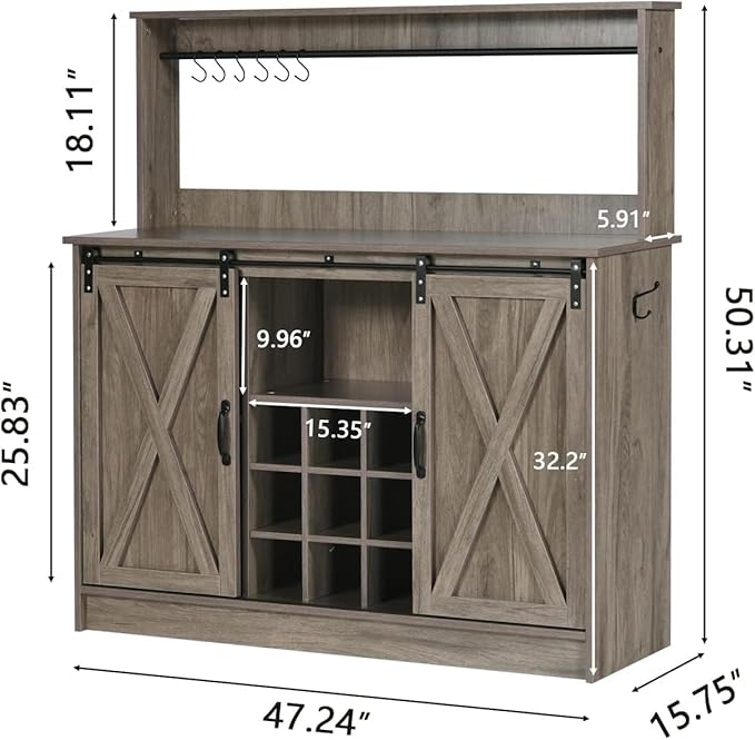 4ever2buy Farmhouse Coffee Bar Cabinet with Hutch, 47 Inch Wine Bar with Storage, Buffet Cabinet with Adjustable Shelves & 9 Wine Racks, Kitchen Buffet Cabinet for Dining Living Room, Grey