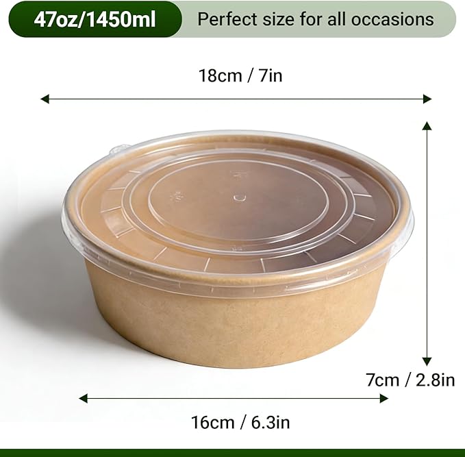 47 Oz Bulk Pack Disposable meal prep Round Paper Bowls with Lids,200 Sets Leakproof Microwave-Safe Deli Containers, Bulk Pack for Salad, Soup, Pho,Acai & Picnic, Sturdy for Food Toppings