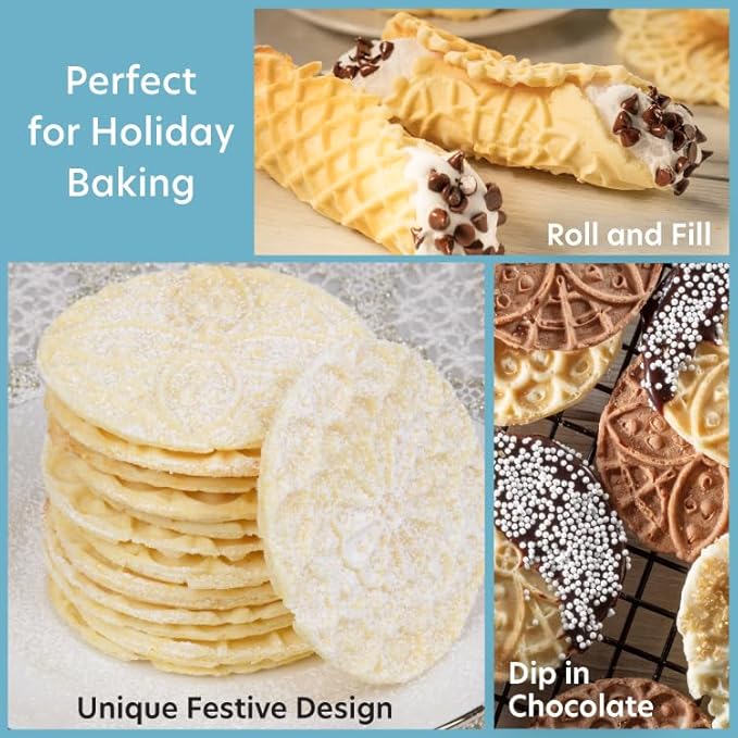Piccolo Pizzelle Baker- Nonstick Electric Press Makes 4 Mini Cookies at Once, Even Heating- Fun Baking Machine w Recipe Guide, Supplies for Easter Brunch Party, Italian Waffle Dessert Treat Making
