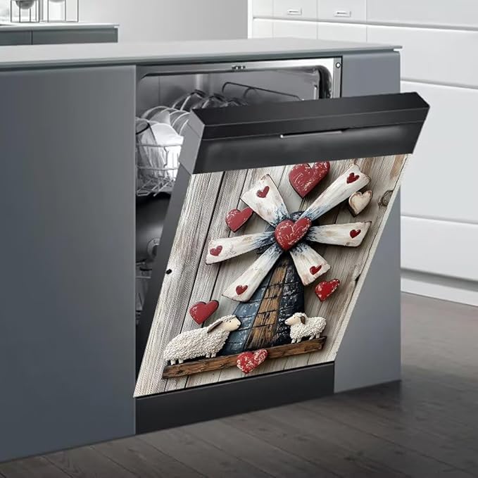Dishwasher Magnet Cover, Rustic Farmhouse Windmill with Sheep and Hearts Refrigerator Magnetic Vinyl Sticker for Dishwasher Door, Decorative Kitchen Appliance Panel Decal, 23Wx26H Inches