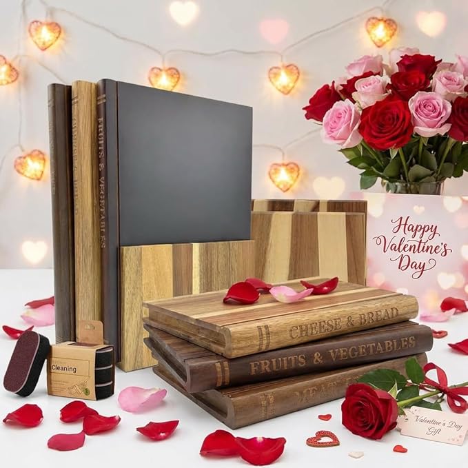 Book Shaped Cutting Board Set: Wooden Charcuterie & Cheese Board with Stand - Perfect Valentine’s Day Gift for Book Lovers & Couples, 3-Piece Kitchen Decor