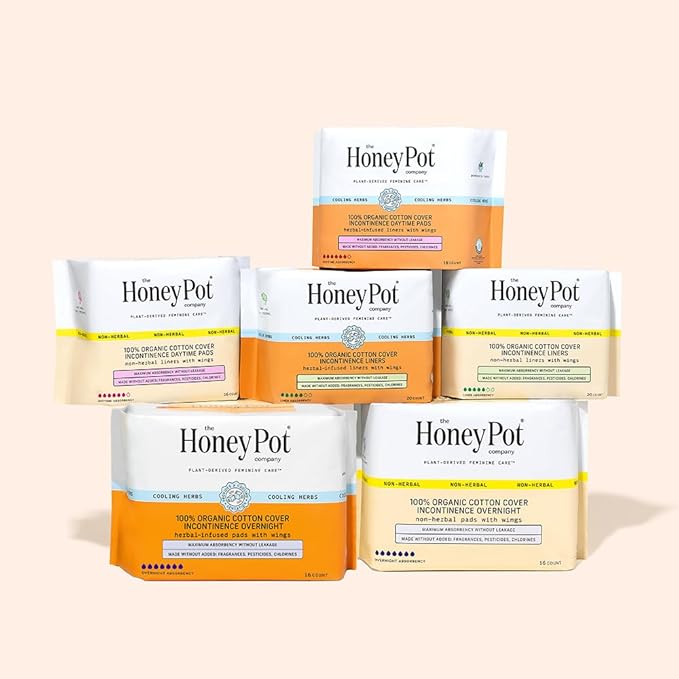 The Honey Pot Company - 64ct - Herbal Pads for Women - Organic Incontinence Daytime w/Wings. Infused w/Essential Oils for Cooling Effect & Postpartum Essentials - Feminine Care