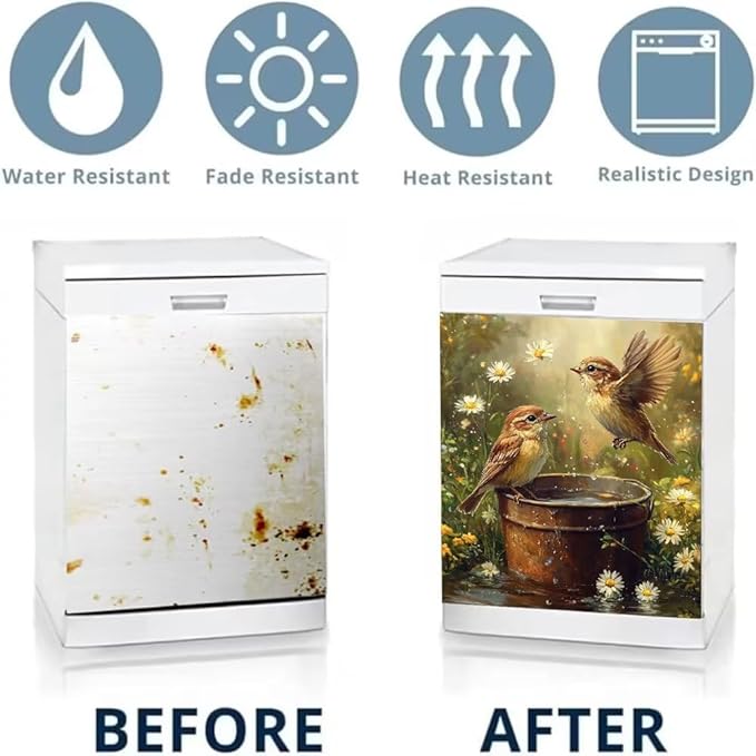 Dishwasher Magnet Cover, Bird and Daisy Garden Scene Refrigerator Magnetic Vinyl Sticker for Dishwasher Door, Rustic Country Decorative Kitchen Appliance Panel Decal, 23Wx26H Inches
