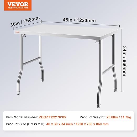 VEVOR Stainless Steel Foldable Work Table, 48 * 30 Inch Heavy Duty Food Outdoor Stainless Steel Worktable for Commercial Kitchen Restaurant