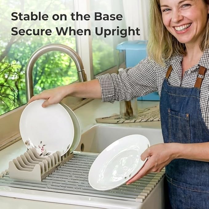 Aluminum Roll Up Dish Drying Rack Over Sink - Supports up to 55 lbs | Heavy Duty Square Bar | Rust-Free Anodized & Heat Resistant Cooling Rack with Removable Dish Holder (Beige, Medium)