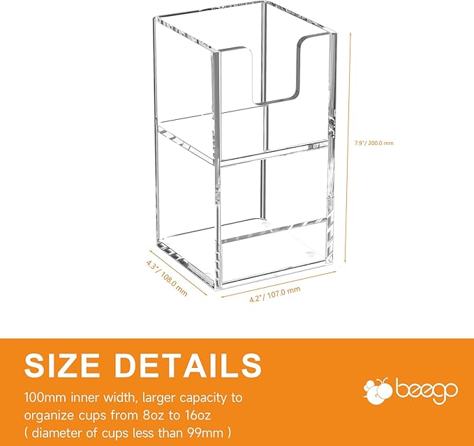 Beego 2-Compartment Cup Holder for Countertop - 2-Tier Clear Acrylic Cup Dispenser Coffee Station Paper Cup and Lid Organizer Condiment Storage for Restaurant Breakroom Kitchen Bar Accessories
