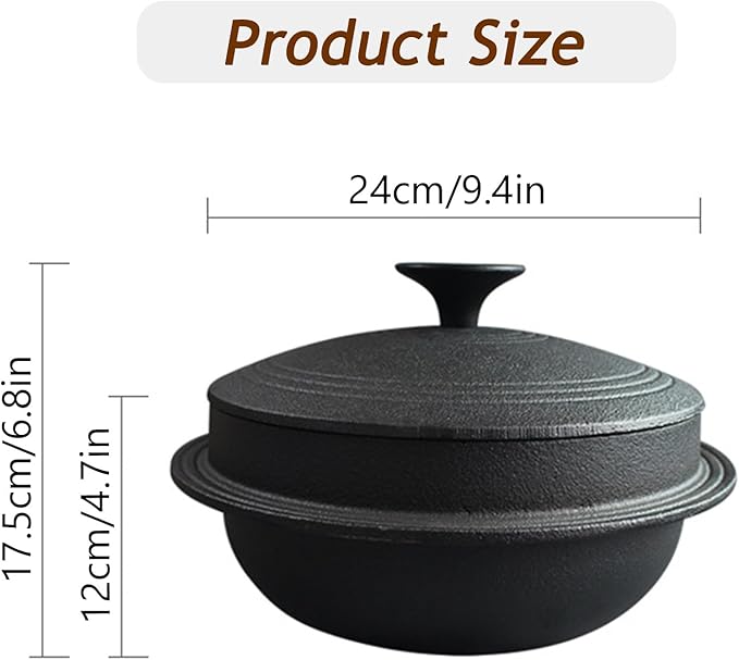 Korean Traditional Cast Iron Pot, Heavy Duty Dutch Oven with Lid, Rice Stew Pot Skillet Cookware for Braising Stews Roasting,Gas Stove Induction Cooker Safe(D24cm/9.4", Black)