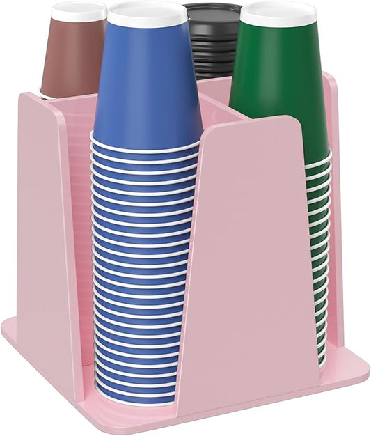 Coffee Cup Organizer for Countertop - Rotating Plastic Cup Holder 4 Compartments Pink Acrylic Cup and Lid Holder for Coffee Bar Restaurant Breakroom Disposable Paper Coffee Cup Dispenser