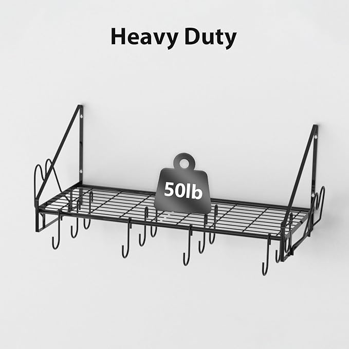 28 Inch Pot Rack Wall Mounted, Pots and Pans Organizer with 12 Hooks and 2 Pot Lid Holders, Heavy Duty Steel Pot and Pan Hanger for Kitchen Cookware Utensils Storage 34.7" Lx13 Wx12.6 H