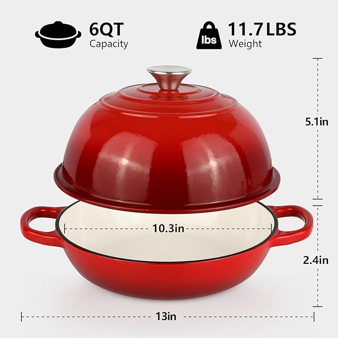 6QT Bread Dutch Oven Pot with Lid, Enameled Cast Iron Dutch Oven for Sourdough Bread Baking, Roasting, Stewing and Soup, Non-Stick Enamel Cookware for Oven/Stovetop, Perfect for Homemade Bread, Red