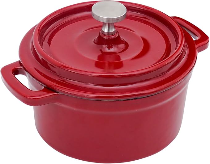 Mini Cocotte 16 oz Mini Dutch Oven 0.5 qt. Cast Iron Garlic Roaster for Oven Garlic Confit Pot Ramekins with Lids Oven Safe Set of 2, Red