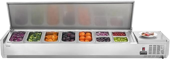 VEVOR Refrigerated Condiment Prep Station, 140 W Countertop Refrigerated Condiment Station, with Five 1/3 Pans & Four 1/6 Pans, 304 Stainless Body and PC Lid, Sandwich Prep Table with Stainless Guard