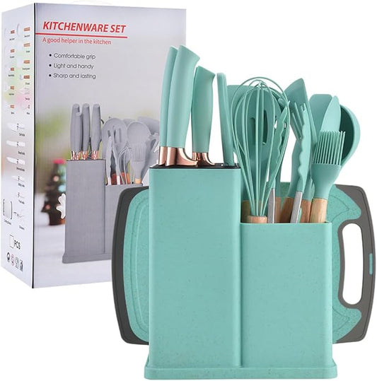 19 Pieces Kitchen Utensils and Knife Set with Block, Inldued 9 Pieces Silicone Cooking Utensils Set 5 Pieces Sharp Stainless Steel Chef Knives Scissors Whisk Tongs and Cutting Board (TEAL)