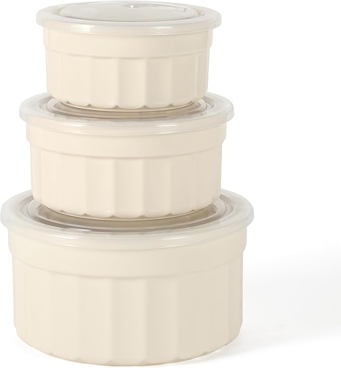 Martha Stewart Broadbrook 6 Piece Stoneware Meal Prep Container Set with Lids, Round Food Storage & Bakeware, Cream, Oven, Microwave & Dishwasher Safe