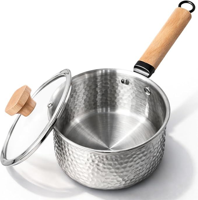 Tri-Ply Stainless Steel Saucepan with Lid, 1.8 Quart - Heavy-Gauge Hammered Exterior, Smooth Interior Milk Pot. Induction Ready Cookware for Ramen, Sauces, Noodles. Stay-Cool Wood Handle