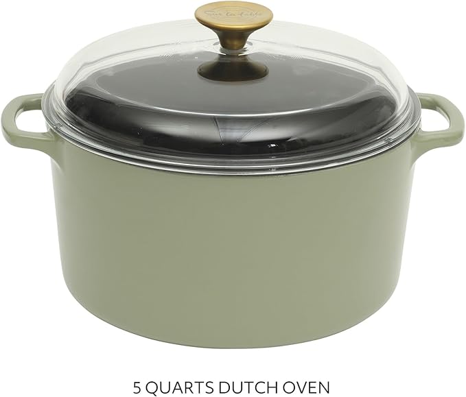 Sur La Table Kitchen Essential Supper Club 5-Quart Enamel-Coated Cast Iron Dutch Oven Pot with Oven Safe Glass Lid, Oven-to-Table Cookware for Bread, Soups, Stews & Braising - Juniper Green