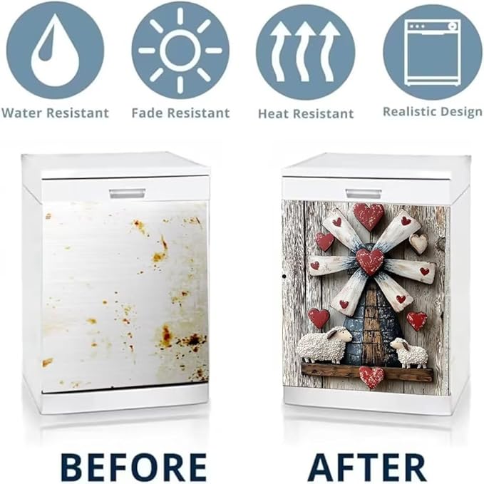 Dishwasher Magnet Cover, Rustic Farmhouse Windmill with Sheep and Hearts Refrigerator Magnetic Vinyl Sticker for Dishwasher Door, Decorative Kitchen Appliance Panel Decal, 23Wx26H Inches