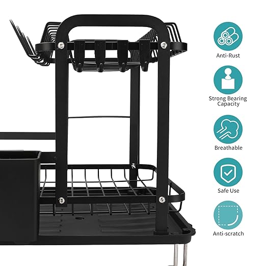 Dish Drying Rack,16.5 * 11.8 * 13.6'' 2 Tier Over The Sink Dishrack Strainer,Large Capacity W/Drainboard and Utensil Holder,Auto-draining,Non-Slip for Kitchen Counter