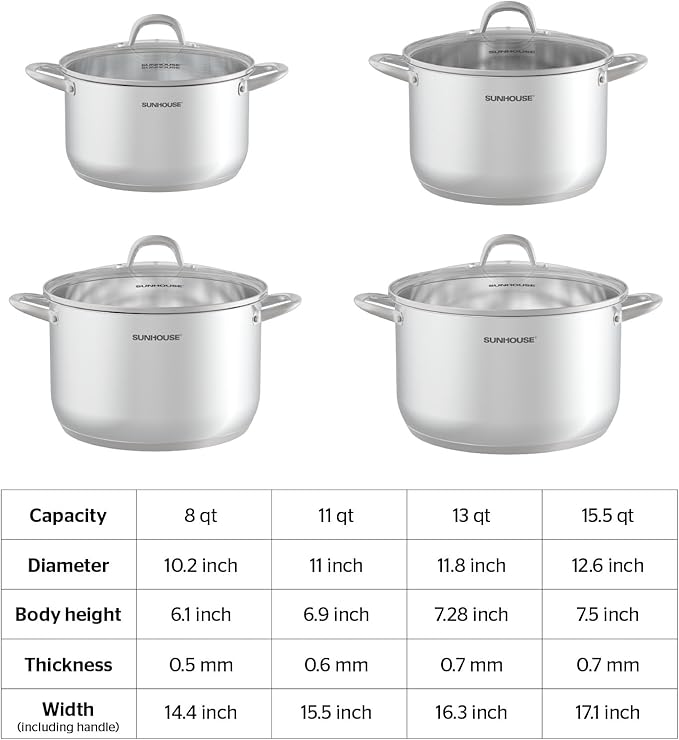 SUNHOUSE Stainless Steel Stock Pot - 11 Quart Heavy-Duty Induction Cooking Pot with Visible Lid for Pasta, Soup, Spaghetti - Nonstick Thick-Bottom Deep Stockpot for Canning, Boiling, and Simmering