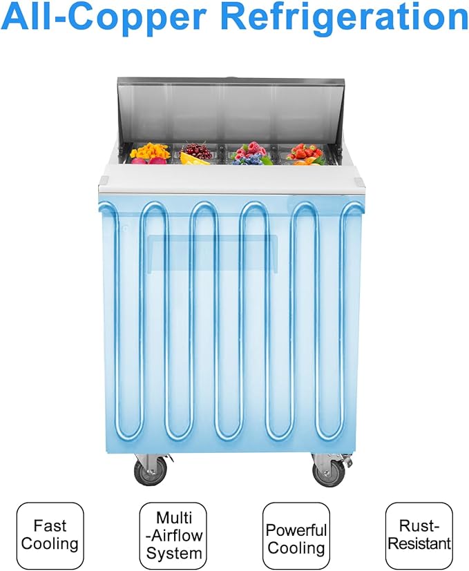JINSONG 28" Refrigerator Sandwich & Salad Prep Table, Stainless Steel Refrigerated Food Prep Station, 7.4 cu. ft with Cutting Board and 12 Pans for Restaurants, Bar, Shops, etc
