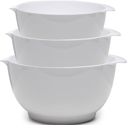 Nesting Mixing Bowls Set, 3 Piece Melamine Bowls Set, 2.5 quart, 3.5 quart, 4.5 quart, Non Slip Base with Easy Pour Spout, Kitchen Cooking and Baking Supplies, White