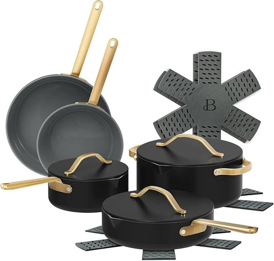 Pans 12pc Ceramic Non-Stick Cookware Set by Drew Barrymore, Pots & Pans with Lids, Dishwasher‑Safe,Soft‑Touch Handles, Even‑Heat Base. (Black Seaseme)