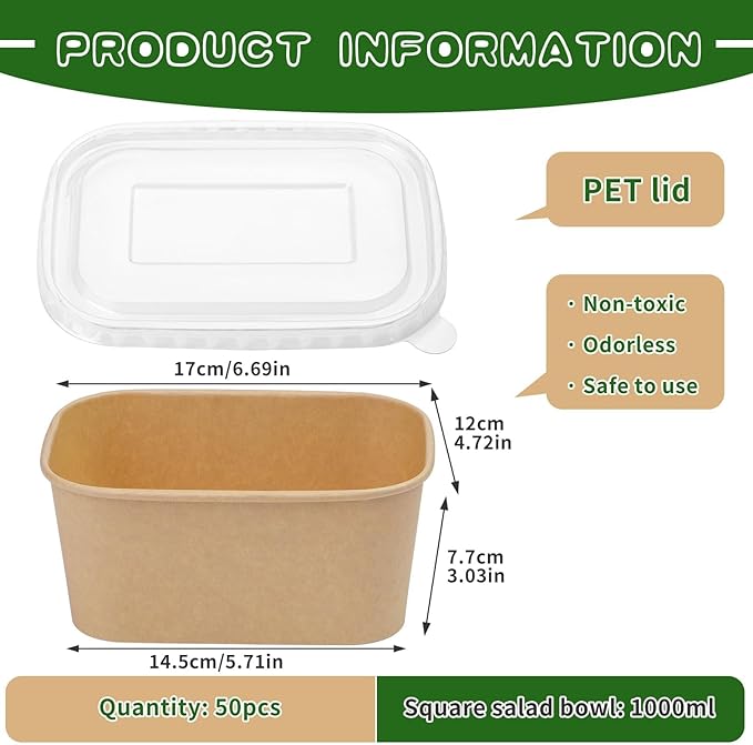 50 Pack 33 oz Paper Bowls, Disposable Food Containers with Lids, Rectangular Disposable Bowls, Disposable Salad Bowls with Lids for Diet Salad, Ice Cream, Yogurt, Party Food